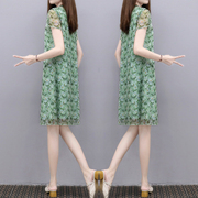 2024夏季清新绿色印花裙中长款宽松显瘦雪纺，网纱减龄连衣裙女