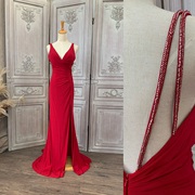 H62大红色针织性感开叉深v领晚礼服裙修身钉珠外贸长加特大连衣裙