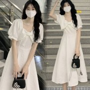 法式温柔泡泡袖白色连衣裙子女夏季大码蝴蝶结3D立体肤感洋气显白