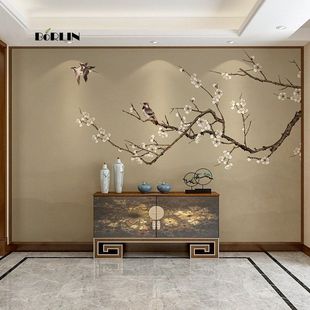 新中式复古简约手绘花鸟电视背景墙装饰壁纸壁画床头沙发墙布壁布