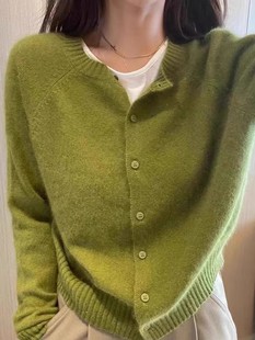 秋冬100%纯羊毛开衫女圆领针织毛衣外套气质牛油果绿色羊毛衫