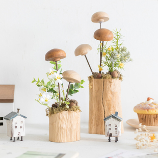 阿楹森系玄关木质造景蘑菇，厨房绿植摆件自助餐厅幼儿园小装饰品