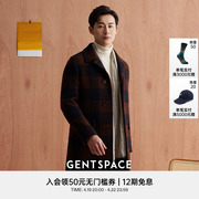 gentspace秋冬男士，红棕色大格纹单排扣大衣外套