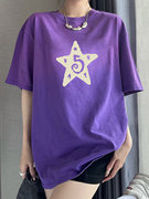 渐变紫色t恤女短袖2024夏季星星音符印花纯棉大版宽松中长款