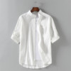 棉麻衬衫男夏季薄款7七分袖，立领白色寸衫2021中国风亚麻短袖衬衣
