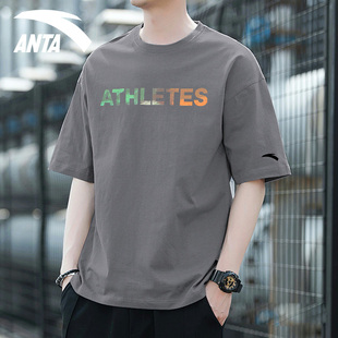安踏T恤男2024夏季宽松大码透气潮流圆领短袖运动休闲针织衫