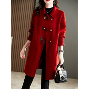 红色双面羊毛呢子，大衣女秋冬季2024年赫本风，气质宽松毛呢外套