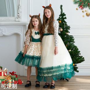 欧美秋季圣诞节派对礼服女童儿童礼服裙网纱蓬蓬裙姐妹连衣裙