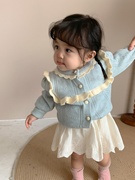 韩版婴儿毛衣套装秋季女童针织毛线女宝宝，甜美蓝色一周岁开衫外套