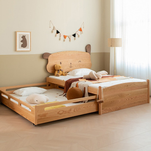 北美橡木原木儿童床卡通简约推拉拖床樱桃木实木多功能双层子母床