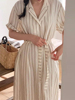 韩国chic夏季复古慵懒风，西装领单排扣绑带收腰显瘦短袖条纹连衣裙