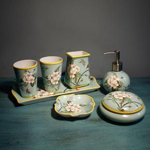 中式洗漱套装卫生间陶瓷漱口杯，洗手液瓶牙刷，筒创意卫浴五件套乔迁