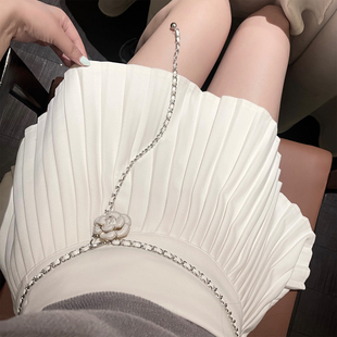 FairyJiang 高级感白银色花朵腰链可调节金属链条腰带裙子配饰