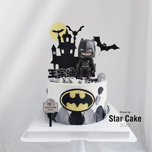 蝙蝠侠蛋糕装饰摆件，黑色城堡蝙蝠小孩，儿童男孩生日蛋糕插牌插旗