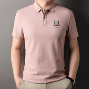 夏季纯棉短袖t恤男士带领刺绣Polo衫中年夏装上衣粉色体桖宽松潮