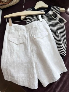 日系白色亚麻西装短裤女夏高腰，薄款小众设计感阔腿，棉麻休闲五分裤
