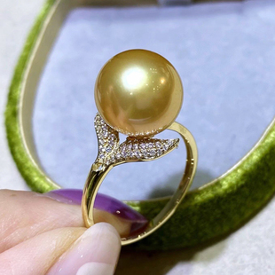 珍妮芙珠宝11-12mm正圆南洋金珍珠(金珍珠)戒指，18k黄金华丽鱼尾设计指环