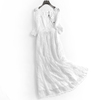 白色方领显瘦修身网纱钩花蕾丝，花边仙女裙五分，袖长裙女连衣裙m229