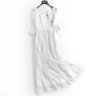 白色方领显瘦修身网纱钩花蕾丝花边仙女裙五分袖长裙女连衣裙M229