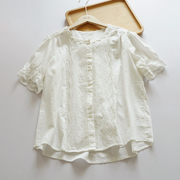 蕾丝刺绣棉布镂空衬衫女短袖，森系文艺通勤泡泡袖衬衣