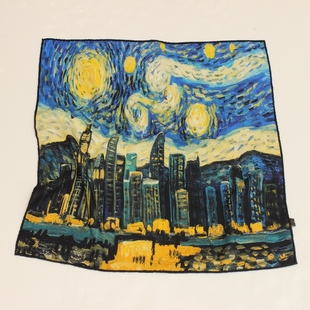 清风集星空下的城市复古油画印花手卷边丝羊毛70中方巾围巾