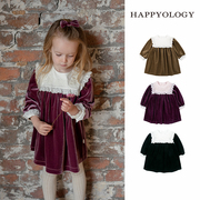 happyology英国儿童丝绒裙，女童蕾丝花边洋气，公主裙礼服长袖连衣裙