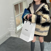 女童韩版时髦条纹毛呢大衣，冬装中大童连帽，保暖外套潮
