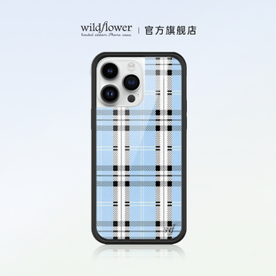 Wildflower蓝色格子手机壳Blue Plaid适用苹果iPhone15/14/13/Pro/Max/Plus硬壳全包硅胶防摔欧美时尚wf蓝格