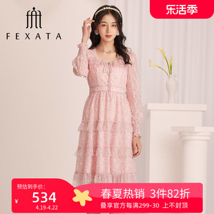 商场同款fexata斐格思连衣裙，2023秋季甜美荷叶，边印花网纱长裙