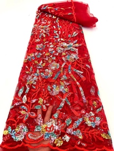 外贸大红色立体多色蕾丝花朵网低连衣裙婚纱服装舞台演出服面料布