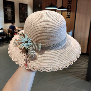 花朵草帽女夏季沙滩帽韩版可折叠出游海边防晒遮阳帽小清新太阳帽