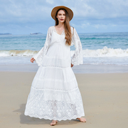 海边法式超仙镂空喇叭袖蕾丝，白色沙滩连衣裙，度假旅游小众宽松长裙