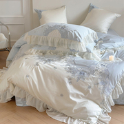 法式公主风全棉100支长绒棉，四件套小清新蓝色蕾丝边被套床上用品