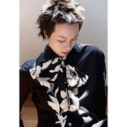 GLEE RAINBOW 经典黑色真丝超长大花卉时髦法式优雅风衣丝巾 围巾