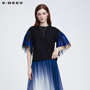 sdeer圣迪奥夏季设计感半袖T恤女夏装晕染网纱短袖上衣S22280120