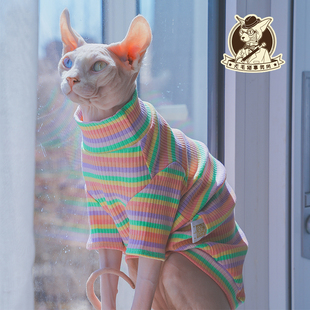 2023年无毛猫斯芬克斯德文，宠物猫衣服春夏款，纯棉高弹彩虹条纹长袖
