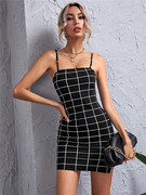 Black and white plaid dress with suspender吊带黑白格子连衣裙
