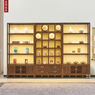 新中式实木博古架茶具架榆木家具，置物多宝阁柜，茶室茶叶架子展示架