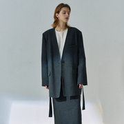 COLINE深灰色v领西装外套女韩版短款气质简约设计感收腰系带上衣