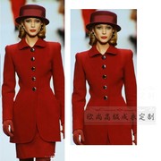 高端定制秀场欧美大牌红色单排扣羊毛西装外套长款半裙时尚套装冬