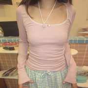 Amyway纯欲甜心粉色小花刺绣标蕾丝花边长袖上衣低领显瘦T恤