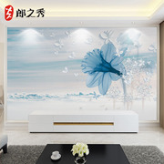 18d现代简约壁纸客厅，电视沙发无缝墙布卧室床头，花卉蓝色背景墙纸