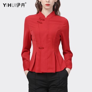 中国风衬衫女春秋装民国风唐装，长袖盘扣旗袍衬衣中式复古红色上衣