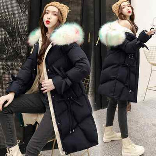 大毛领羽绒棉服女2021年冬季韩版显瘦中长款喇叭袖加厚棉衣潮
