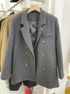 灰色双排扣休闲西服女中长款羽绒内胆冬季韩版毛呢外套西装羽绒服