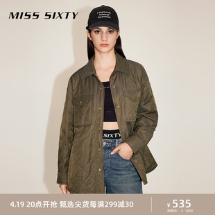 Miss Sixty2023冬季棉服外套女菱格宽松中长夹棉衬衫式工装风