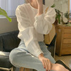 韩国2023春季雪纺长袖上衣法式泡泡袖圆领白色衬衫女
