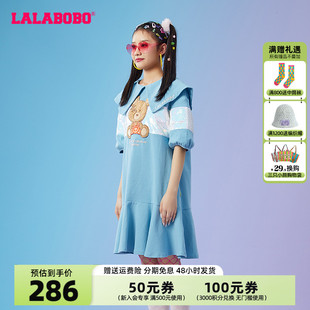 LALABOBO2024春夏治愈可爱熊大翻领荷叶边遮肉气质连衣裙女夏