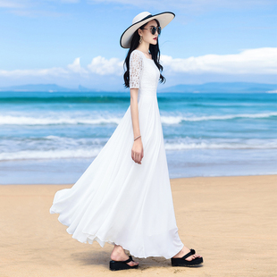 2024夏季白色雪纺蕾丝五分袖大摆连衣裙波西米亚沙滩长裙及踝