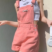 夏季薄款粉色背带短裤女小个子设计感小众粉红色高腰牛仔工装裤